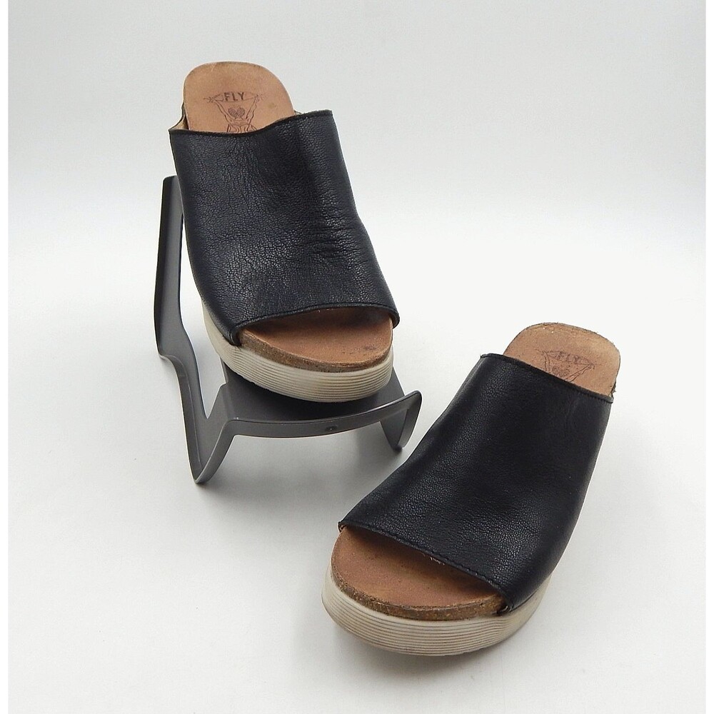 Fly London Black Leather Open-Toe Slide Sandals